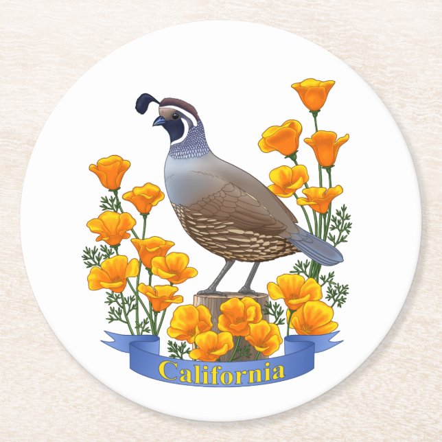 Dessous De Verre Rond California State Quail Bird & Poppy Flower (Devant)