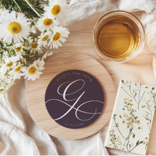 Dessous De Verre Rond Calligraphie élégante “G” Mariage de prunier
