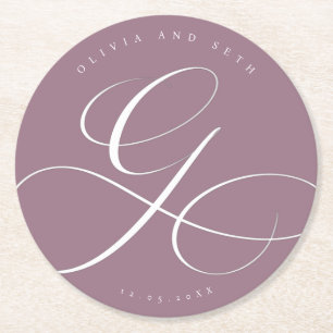 Dessous De Verre Rond Calligraphie élégante “G” mariage lilas poussiéreu