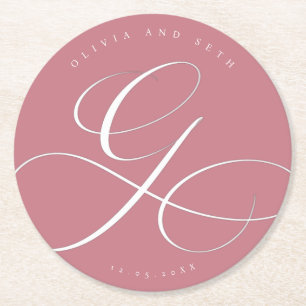 Dessous De Verre Rond Calligraphie Élégante “G” Rose Poussiéreuse Mariag
