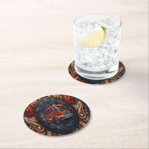 Dessous De Verre Rond Camion d'incendie en cuir imitation