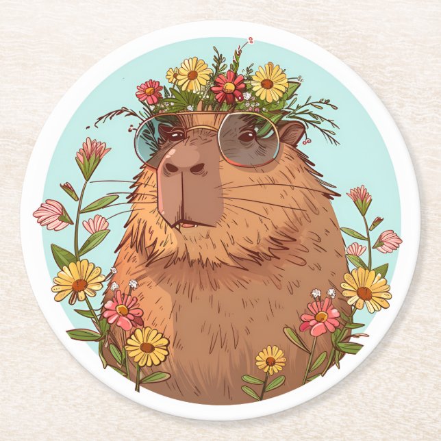 Dessous De Verre Rond Capybara en lunettes de soleil Été (Devant)