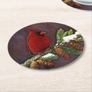 Dessous De Verre Rond Cardinal et Pinecones neigeux