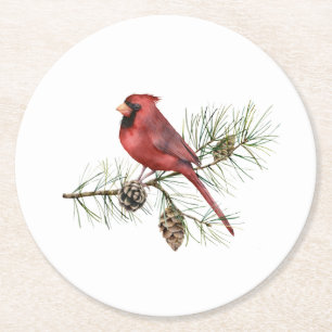 Dessous De Verre Rond Cardinal rouge sur les cônes de pin