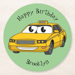 Dessous De Verre Rond Caricature amusante de taxi jaune mignon