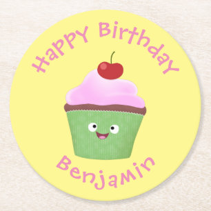 Dessous De Verre Rond Caricature de cupcake joyeux