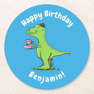 Dessous De Verre Rond Caricature de dinosaure vert t rex