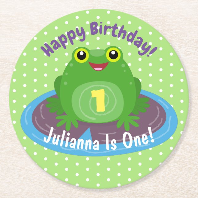 Dessous De Verre Rond Caricature de grenouille verte kawaii joyeux (Devant)