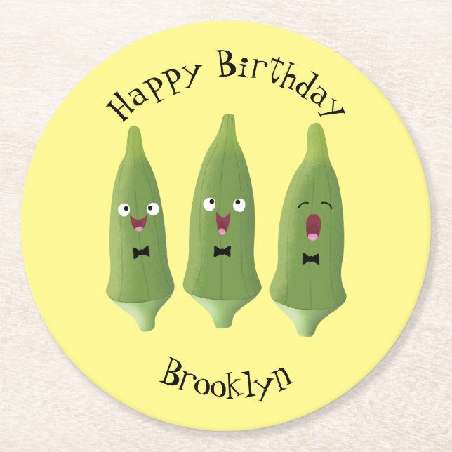Dessous De Verre Rond Caricature de légumes de l'okra chantante mignonne (Devant)