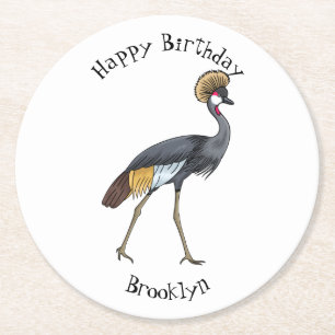 Dessous De Verre Rond Caricature d'oiseau de grue couronné gris