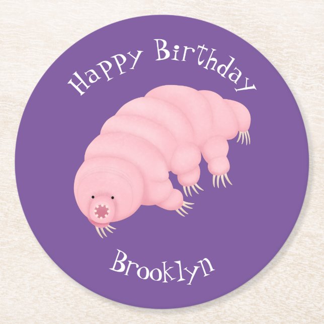 Dessous De Verre Rond Caricature d'ours d'eau tardigrade rose mignon (Devant)