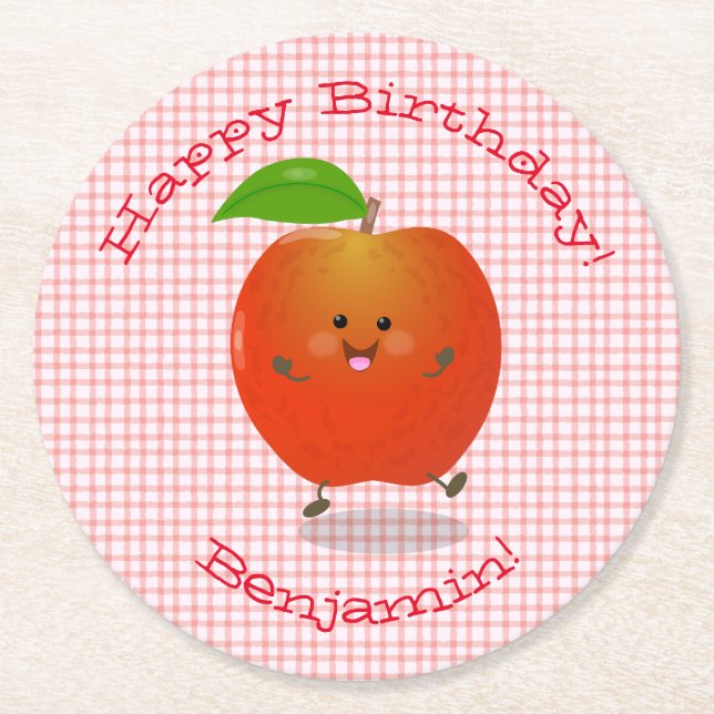 Dessous De Verre Rond Caricature en forme de pomme kawaii (Devant)