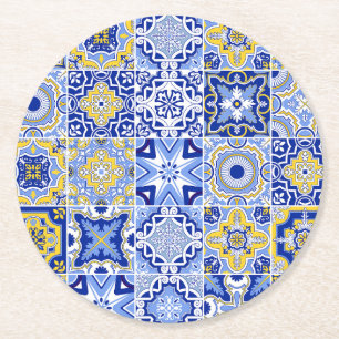 Dessous De Verre Rond Carrelage bleu méditerranéen et agrumes