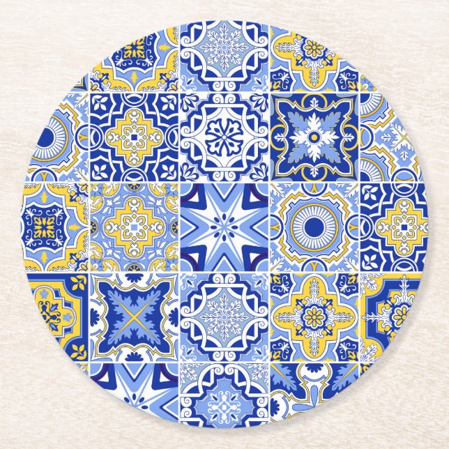Dessous De Verre Rond Carrelage bleu méditerranéen et agrumes (Devant)