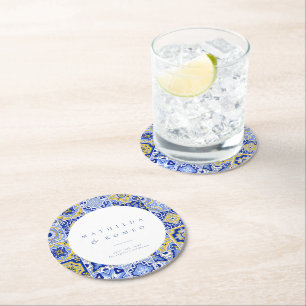 Dessous De Verre Rond Carrelage bleu méditerranéen et agrumes