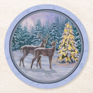 Dessous De Verre Rond Cerf et arbre de Noël Bleu d'hiver