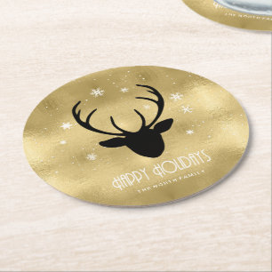 Dessous De Verre Rond Cerfs Antlers Silhouette & Flakes Gold ID861
