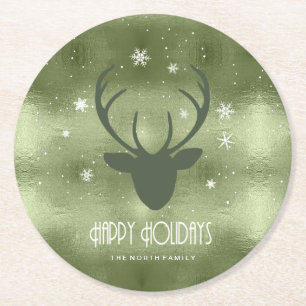 Dessous De Verre Rond Cerfs Antlers Silhouette & Snowflakes Green ID861