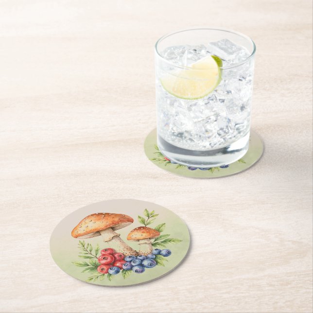Dessous De Verre Rond Champignons et baies de fruits  (En situation)