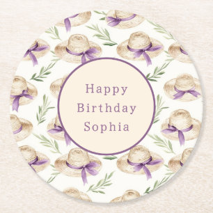 Dessous De Verre Rond Chapeaux Crème Rubans Violets Anniversaire