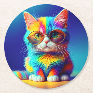 Dessous De Verre Rond Chat Arc-en-Ciel avec Lunettes Portrait-47567