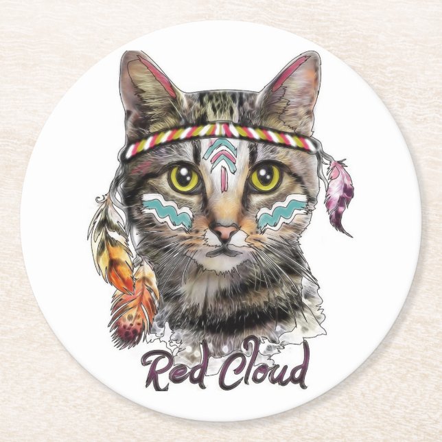 Dessous De Verre Rond Chat de nuages rouges (Devant)