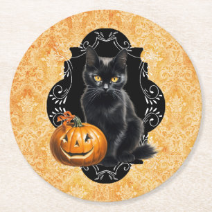 Dessous De Verre Rond Chat noir et Citrouille d'Halloween doux