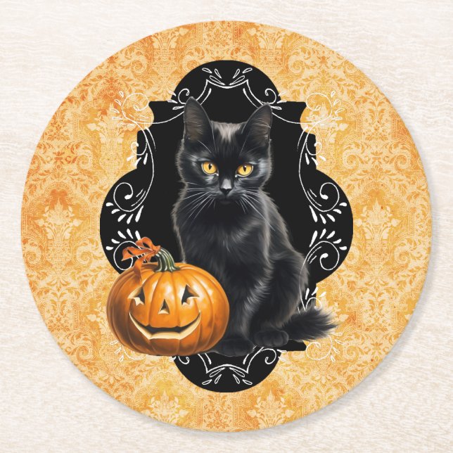 Dessous De Verre Rond Chat noir et Citrouille d'Halloween doux (Devant)