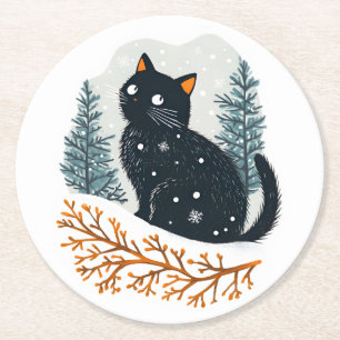 Dessous De Verre Rond Chat noir neige d'hiver