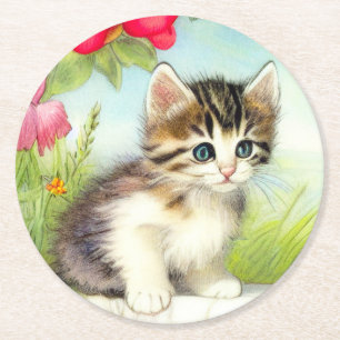 Dessous De Verre Rond Chaton vintage blanc et Brown avec fleurs