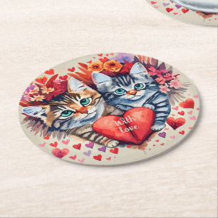 Dessous De Verre Rond Chats aquarelle au coeur