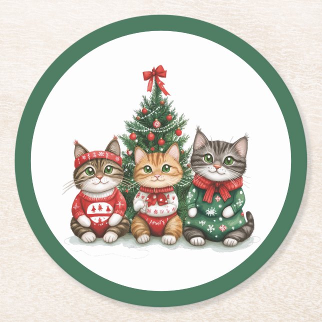 Dessous De Verre Rond Chats de Noël mignons (Devant)