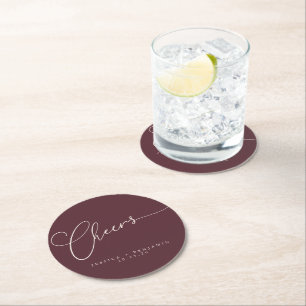 Dessous De Verre Rond Cheers Minimal Burgundy Script personnalisé mariag
