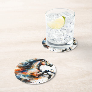 Dessous De Verre Rond Cheval au galop à l'aquarelle abstraite