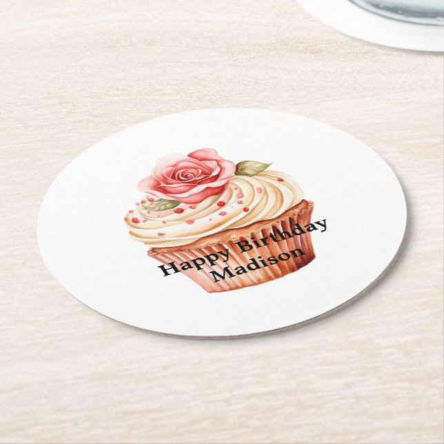 Dessous De Verre Rond Chic Blush Rose Cupcake Anniversaire (Incliné)