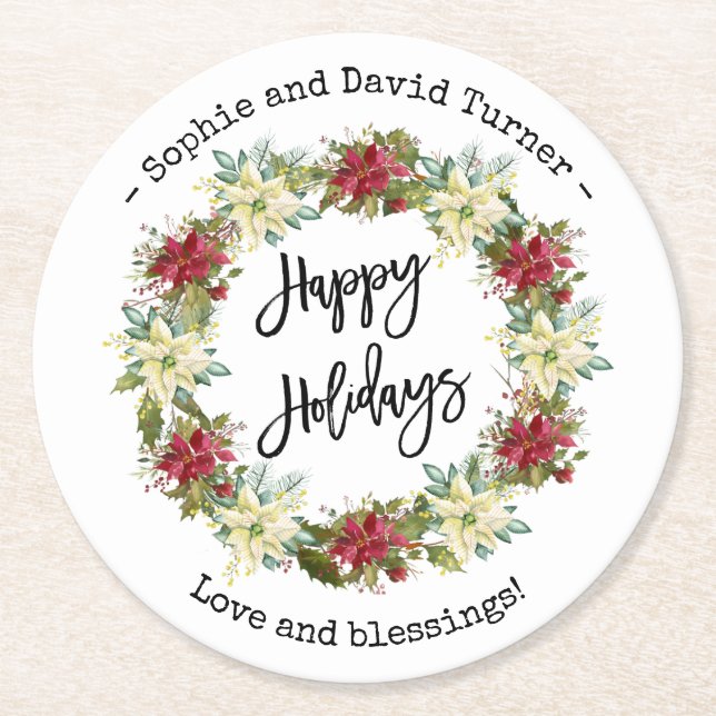 Dessous De Verre Rond Chic Joyeux Vacances Script Poinsettia Monogramme (Devant)