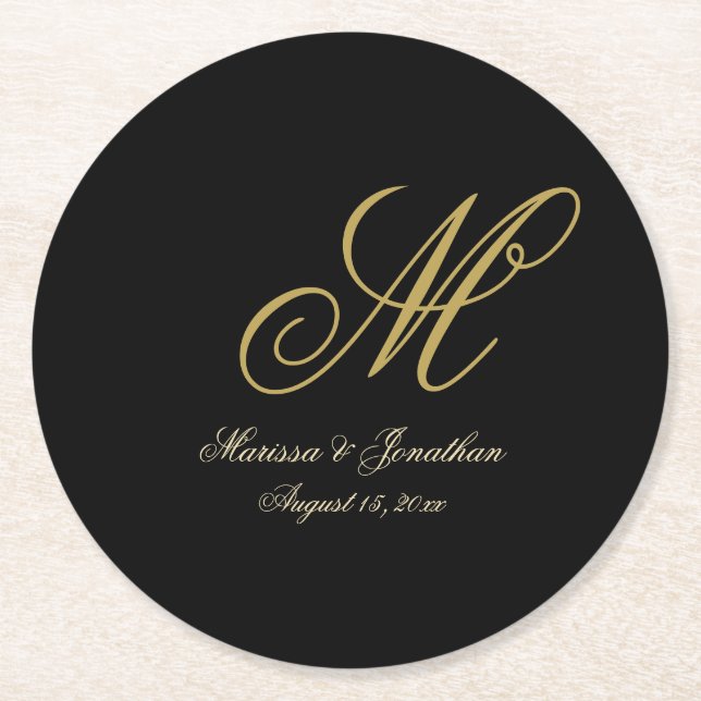Dessous De Verre Rond Chic or Monogramme Mariage noir (Devant)