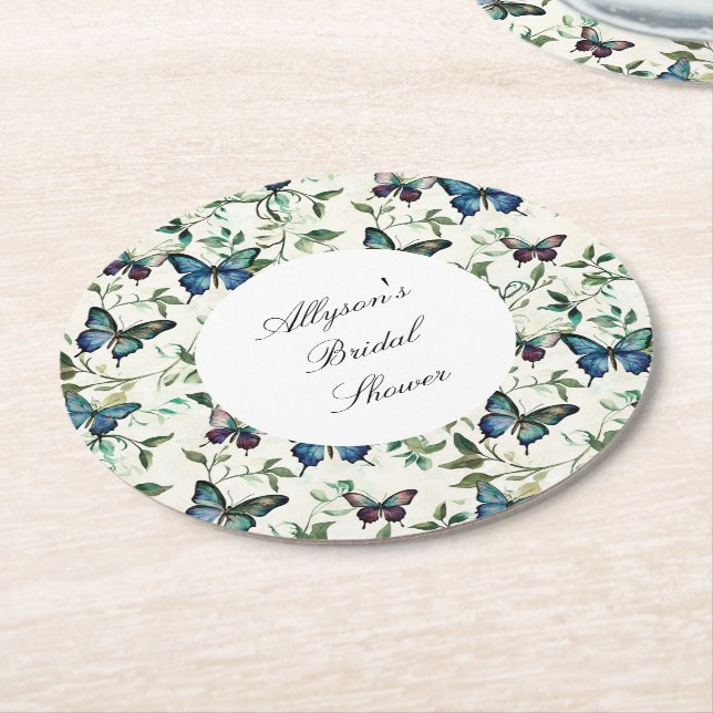 Dessous De Verre Rond Chic Romantique Papillons Bleus Baby Shower (Incliné)