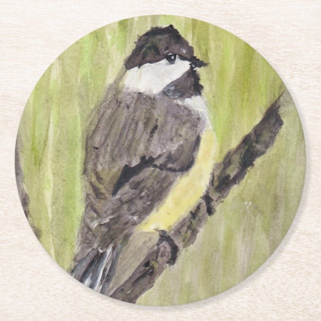 Dessous De Verre Rond Chickadee Bird - peinture acrylique. (Devant)