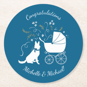 Dessous De Verre Rond Chien allemand Baby shower bleu garçon