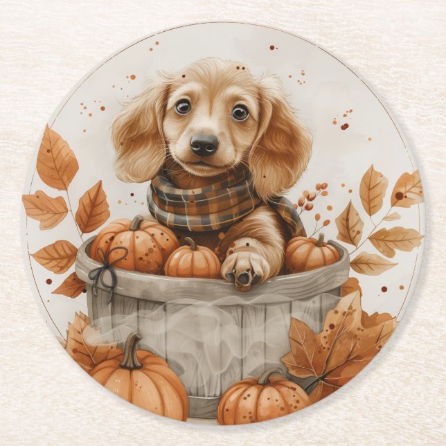 Dessous De Verre Rond Chiens de l'automne Dachshund Citrouille (Devant)