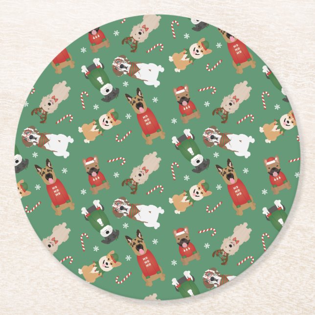 Dessous De Verre Rond Chiens de Noël Motif Rouge Vert (Devant)