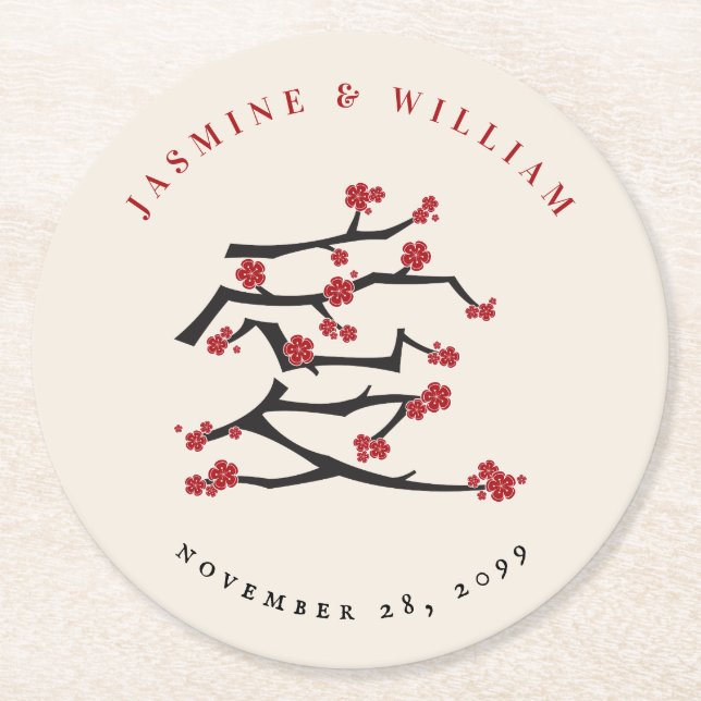 Dessous De Verre Rond Chinese Love Red Cherry Blossoms (Devant)
