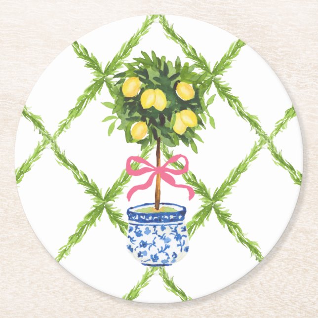 Dessous De Verre Rond Chinoiserie Lemon Topiary Vert et blanc Floral (Devant)