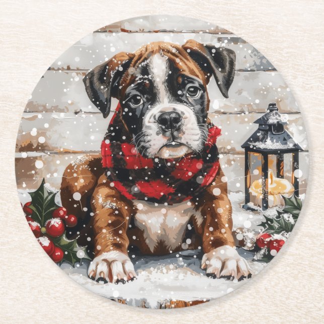 Dessous De Verre Rond Chiot boîte de Noël (Devant)