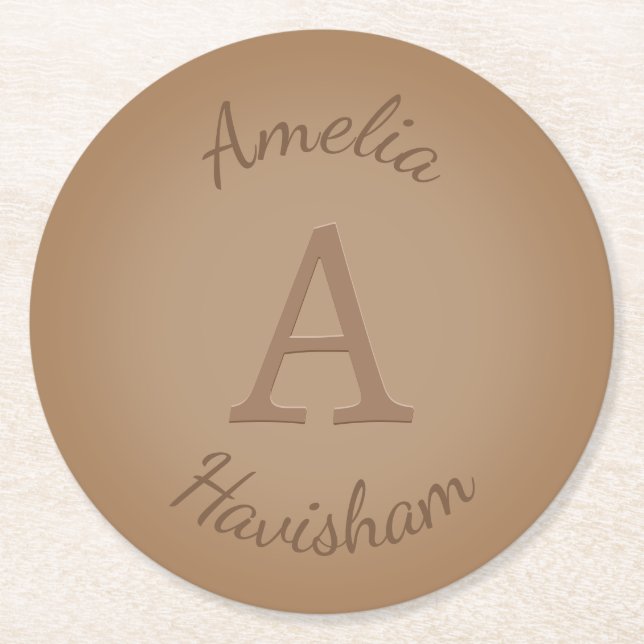 Dessous De Verre Rond Chocolat Brown Monogramme et nom Personnalisé (Devant)