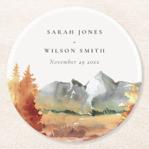 Dessous De Verre Rond Chute Rouille Orange Mountain Trees Mariage de feu