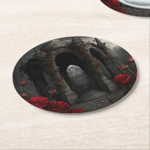Dessous De Verre Rond Cimetière gothique Gazebo avec des roses rouges la