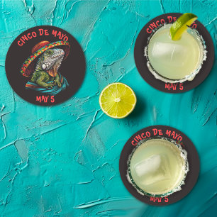 Dessous De Verre Rond Cinco de Mayo Iguana portant Sombrero & Serape