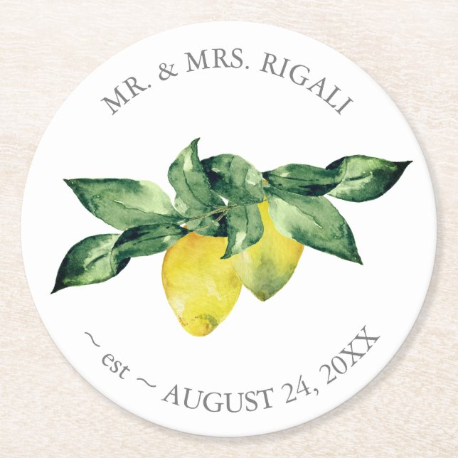 Dessous De Verre Rond Citron aquarelle Mariage personnalisé (Devant)